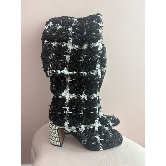 Betsey Johnson Shoes - Betsey Johnson Plaid Tweed Over The Knee Boots Pearl Rhinestone Heel Black White